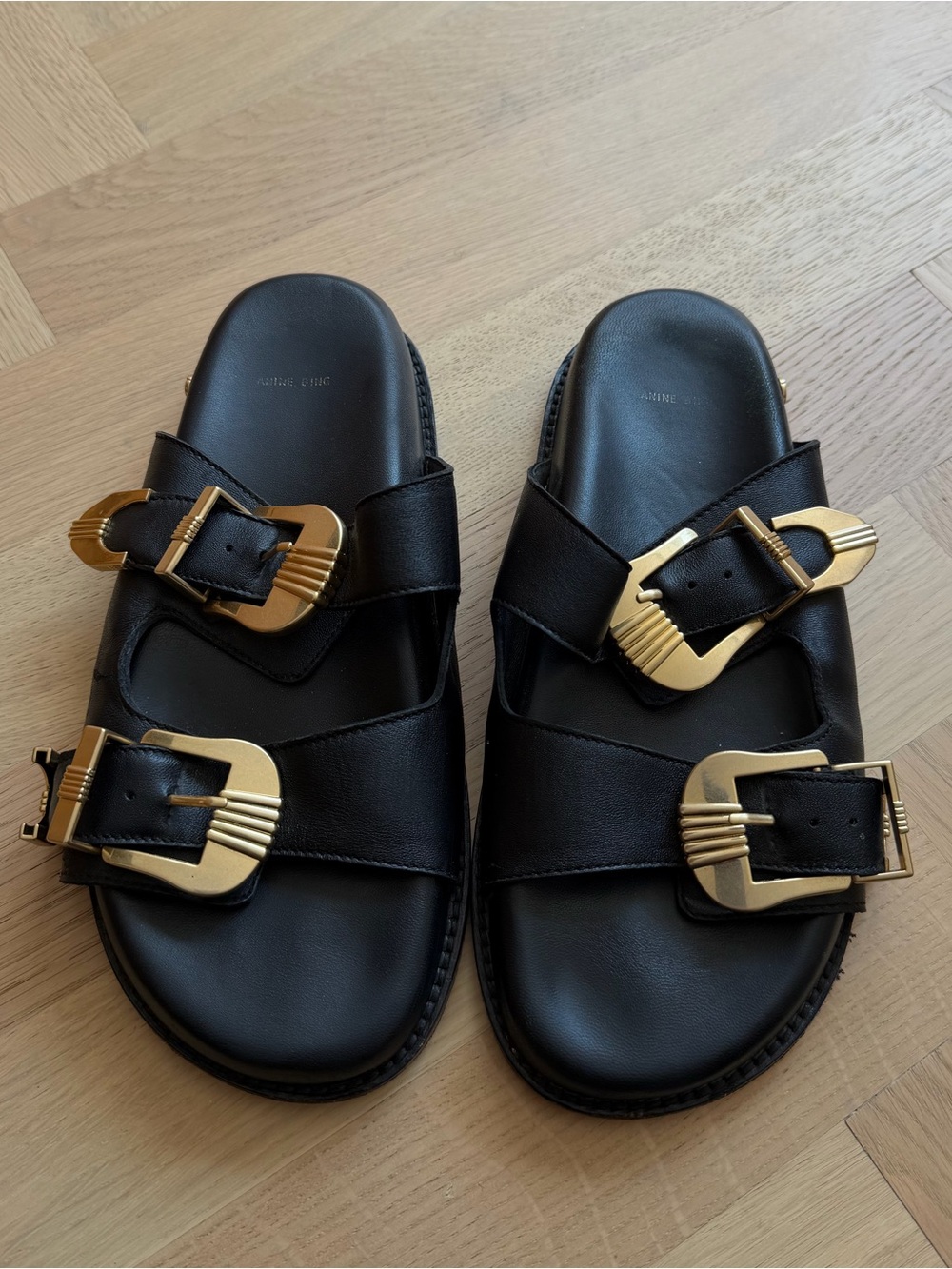 Anine Bing Black Leather Slide Sandals with Gold Buckles - Picture 9 of 16